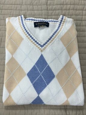 Vintage Brooks Brothers Argyle Supima Cotton Sweater -white, tan and blue size M